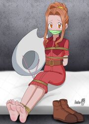 Rule 34 | 1girl, barefoot, bdsm, bed, bondage, bound, digimon, digimon adventure: (2020), feet, feet together, foot focus, gag, gagged, hat, helpless, peril, red eyes, rope, scared, shadow xcp, shoes, signature, soles, tachikawa mimi, tied up (nonsexual), toes, unworn hat, unworn headwear, unworn shoes, you gonna get raped