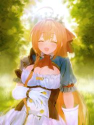 Rule 34 | 1girl, ^ ^, ahoge, blue eyes, blush, braid, breasts, cleavage, closed eyes, day, facing viewer, gloves, highres, large breasts, long hair, open mouth, orange hair, outdoors, pecorine (princess connect!), princess connect!, red neckwear, red ribbon, ribbon, smile, solo, sonchi, tiara, very long hair, white gloves