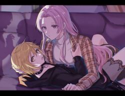Rule 34 | 2girls, aoki shizumi, black jacket, blonde hair, character request, closed mouth, collar, commentary request, couch, d4dj, girl on top, indoors, jacket, long hair, long sleeves, lying, multiple girls, on back, on couch, open mouth, pink eyes, pink hair, plaid, plaid jacket, shadow, shirt, short hair, sweat, turtleneck, turtleneck shirt, walk-in, white shirt, yellow eyes, yuri