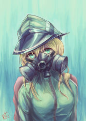 Rule 34 | 10s, 1girl, absurdres, blonde hair, gas mask, green eyes, hat, highres, kantai collection, looking at viewer, mask, military, military uniform, osisio, peaked cap, prinz eugen (kancolle), solo, uniform, upper body