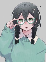 Rule 34 | 1girl, adjusting eyewear, alternate costume, black hair, cevio, flower, glasses, green-framed eyewear, green eyes, green sweater, grey background, hair between eyes, hair flower, hair ornament, hanakuma chifuyu, hand on eyewear, highres, long sleeves, looking at viewer, messy hair, nisui57, open mouth, pout, simple background, solo, sweater, swept bangs, twitter username, white flower