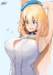 Rule 34 | 1girl, arm up, armpits, arms behind head, atago (kancolle), ayuman, beret, blonde hair, blue background, blue eyes, blue hat, bra visible through clothes, breasts, dated, flying button, hair between eyes, hat, inconvenient breasts, kantai collection, large breasts, long hair, looking at breasts, looking at object, open mouth, popped button, presenting armpit, shirt, sideboob, signature, simple background, sleeveless, sleeveless shirt, smile, solo, stretching, upper body, white background, white shirt