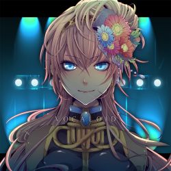 1girl blue_eyes domco female_focus flower hair_flower hair_ornament long_hair megurine_luka pink_hair smile solo vocaloid