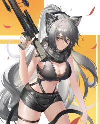 Rule 34 | 1girl, absurdres, animal ears, arknights, bare arms, bare shoulders, black scarf, black shorts, bow (weapon), breasts, cat ears, cat tail, cleavage, commentary request, cowboy shot, crop top, crossbow, grey hair, hair between eyes, hand up, highres, holding, holding crossbow, holding weapon, large breasts, lingdu han, long hair, looking at viewer, midriff, navel, ponytail, scarf, schwarz (arknights), short shorts, shorts, sleeveless, solo, standing, stomach, tail, thigh strap, thighs, very long hair, weapon, yellow eyes