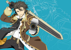 Rule 34 | 1boy, alvin (tales), bad id, bad pixiv id, blue background, brown eyes, brown hair, character name, copyright name, ascot, gloves, gun, male focus, scarf, smile, solo, sumeshi (ambivalince), sword, tales of (series), tales of xillia, weapon