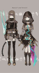 Rule 34 | 1boy, alternate costume, asymmetrical legwear, blunt bangs, blunt ends, bob cut, boots, brown hair, candy, chain, choker, closed mouth, dress, dual persona, food, gingerbread man, green eyes, green hair, gretel (sinoalice), grey background, hansel (sinoalice), highres, holding, holding hands, holding polearm, holding sword, holding weapon, legband, male focus, multicolored hair, one eye closed, polearm, shorts, sigatu r, simple background, sinoalice, sweets, sword, thighhighs, trap, two-tone hair, weapon