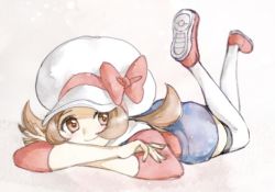 Rule 34 | 1girl, arm support, asuka rkgk, blush, brown eyes, cabbie hat, creatures (company), game freak, hair ribbon, hat, legs up, looking at viewer, lying, lyra (pokemon), nintendo, on stomach, overalls, pokemon, pokemon hgss, ribbon, smile, the pose, thighhighs, twintails