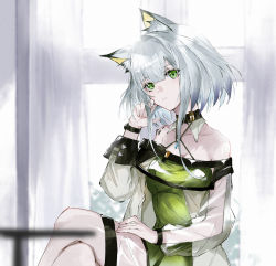 Rule 34 | 1girl, animal ear fluff, animal ears, arknights, bad anatomy, blurry, blurry background, blurry foreground, closed mouth, collar, collarbone, crossed legs, dress, green dress, green eyes, hair between eyes, hand on own face, hand on own thigh, head tilt, highres, kal&#039;tsit (arknights), light blush, long sleeves, looking at viewer, lynx ears, material growth, medium hair, off-shoulder dress, off shoulder, oripathy lesion (arknights), s 4ik4, see-through, sitting, solo, watch, white hair, window, wristwatch
