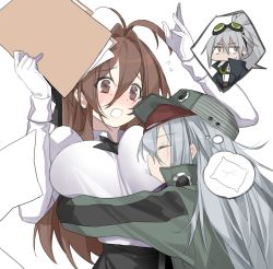 Rule 34 | 3girls, aek-999 (girls&#039; frontline), ahoge, blush, breast rest, breasts squeezed together, breasts, breasts on head, brown hair, deathalice, female commander (girls&#039; frontline), file, g11 (girls&#039; frontline), girls&#039; frontline, goggles, goggles on head, grey hair, hat, highres, large breasts, multiple girls, pillow, sleeping