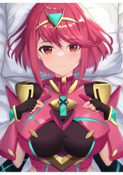 Rule 34 | 1girl, absurdres, black gloves, breasts, chest jewel, earrings, fingerless gloves, gloves, highres, jewelry, large breasts, pyra (xenoblade), red eyes, red hair, shiratamaaji, short hair, swept bangs, tiara, xenoblade chronicles (series), xenoblade chronicles 2