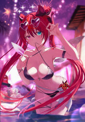 Rule 34 | 1girl, absurdres, bikini, black bikini, blue eyes, breasts, cleavage, double halo, eyewear on head, halo, heart, heart-shaped eyewear, highres, hololive, hololive english, irys (hololive), jiang ye kiri, long hair, looking at viewer, medium breasts, mouth hold, multicolored hair, nail polish, purple hair, red eyes, red hair, red nails, smile, solo, star halo, sunglasses, swimsuit, thigh strap, twintails, two-tone hair, virtual youtuber, wading, water, wings