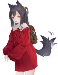 Rule 34 | 0 (znanimo), 1girl, :d, absurdres, alternate costume, animal ears, arknights, bag, black hair, blush, breasts, brown eyes, cowboy shot, double v, fang, highres, kindergarten uniform, long hair, navel, open mouth, school bag, simple background, skin fang, smile, solo, symbol-only commentary, tail, tail wagging, texas (arknights), thighs, v, white background, wolf ears, wolf tail