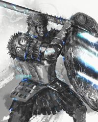 Rule 34 | 1boy, armor, blue theme, breastplate, commentary, crown of thorns, dark souls (series), dark souls ii, english commentary, faulds, gauntlets, greaves, highres, holding, holding shield, holding sword, holding weapon, looking glass knight, male focus, mask, pauldrons, shield, shimhaq, shoulder armor, solo, standing, sword, weapon
