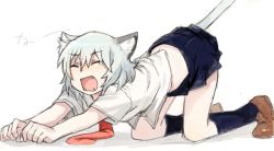 Rule 34 | 1girl, all fours, animal ears, bad drawr id, bad id, cat ears, cat tail, character request, closed eyes, fangs, flat chest, full body, kemonomimi mode, miniskirt, necktie, short hair, skirt, sleeves rolled up, socks, solo, tail, tears, waking up, white hair, yoplait