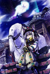 Rule 34 | 1girl, animal, animal ears, architecture, aurora, breath, character request, cold, cup, east asian architecture, floating, gloves, green eyes, hat, highres, jellyfish, jewelry, mountain, mug, necklace, night, night sky, sitting, sky, solo, sonjow4, stairs, star (sky), starry sky, statue