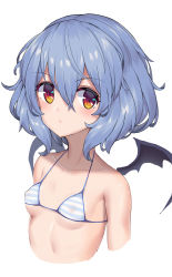 Rule 34 | 1girl, bad id, bad pixiv id, bare shoulders, bat wings, bikini, black wings, blue hair, breasts, closed mouth, collarbone, covered erect nipples, cropped torso, hair between eyes, highres, looking at viewer, mahou kyuuri, red eyes, remilia scarlet, short hair, simple background, small breasts, solo, striped bikini, striped clothes, swimsuit, touhou, upper body, white background, wings