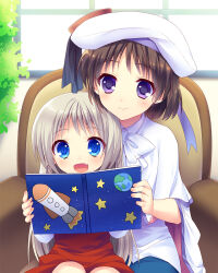 Rule 34 | 2girls, aged down, armchair, beret, blue eyes, blush, book, bow, brown hair, cape, chair, chernushka ivanovna strugatskaya, closed mouth, commentary request, cowboy shot, day, dress, fang, fingernails, fuyuichi, grey hair, hat, heads together, holding, holding book, indoors, kud wafter, little busters!, long hair, medium hair, mother and daughter, multiple girls, noumi kudryavka, open book, purple eyes, reading, red dress, rocket print, second-party source, sitting, smile, star (symbol), star print, tareme, white bow, white cape, white headwear, window