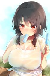 Rule 34 | 1girl, absurdres, bad id, bad twitter id, belly, bench, black hair, blue background, blush, breasts, cleavage, copyright request, eating, food, hair ornament, hairpin, highres, holding, holding food, ice cream, large breasts, mouth hold, nezumi doshi, popsicle, red eyes, see-through, shirt, short hair, short twintails, sitting, solo, sweat, swept bangs, t-shirt, tatami, twintails, upper body, white shirt