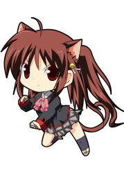 Rule 34 | 1girl, animal ears, bow, brass knuckles, brown eyes, brown hair, cat ears, cat tail, chibi, kannazuki yukito, little busters!, long hair, natsume rin, pink bow, ponytail, school uniform, solo, tail, weapon