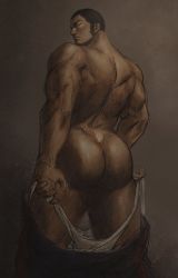 Rule 34 | 1boy, ass, ass focus, back, bara, black hair, blush, buzz cut, chest hair, facial hair, feet out of frame, golden kamuy, highres, huge ass, loincloth, loincloth lift, long sideburns, looking at viewer, looking back, male focus, male underwear, mature male, muscular, muscular male, nude, pants, unworn pants, short hair, sideburns, siwan yuan (4oooomanyen), solo, stubble, tanigaki genjirou, thick eyebrows, upper body, very short hair, white male underwear