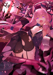 Rule 34 | 1girl, nanashi inc., :d, animal, animal ears, animare, armpits, ass, bare shoulders, bat (animal), bat ears, bat wings, black dress, black panties, black ribbon, blurry, breasts, brown thighhighs, cleavage, cloud, collarbone, commentary request, crossed legs, depth of field, detached collar, dress, full moon, garter straps, glowing, glowing eyes, hair ribbon, half-closed eyes, hand up, highres, jewelry, kokka han, lace, lace-trimmed dress, lace trim, long hair, looking at viewer, medium breasts, moon, motion blur, necklace, open mouth, panties, pink hair, pink theme, purple eyes, ribbon, saliva, short dress, sitting, sleeveless, sleeveless dress, smile, solo, strap slip, thighhighs, throne, torn clothes, torn thighhighs, umori hinako, underwear, very long hair, virtual youtuber, wings, wrist cuffs