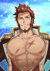 Rule 34 | 1boy, abs, bara, beard, blue eyes, brown hair, bursting pectorals, collar, cropped torso, epaulettes, facial hair, fate/grand order, fate (series), fringe trim, goatee, hands on own hips, highres, jacket, large pectorals, long sideburns, long sleeves, looking at viewer, male focus, military, military uniform, muscular, napoleon bonaparte (fate), niichi21, nipples, open clothes, open jacket, open shirt, pectorals, scar, sideburns, simple background, smile, solo, unbuttoned, uniform