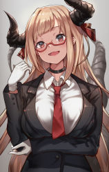 Rule 34 | 1girl, :d, arm under breasts, black choker, black jacket, blush, breasts, choker, collared shirt, commentary request, demon wings, fang, formal, glasses, gloves, hand up, highres, jacket, large breasts, long hair, looking at viewer, necktie, open mouth, original, red eyes, red necktie, semi-rimless eyewear, shirt, signature, skin fang, smile, solo, suit, tail, tail raised, upper body, very long hair, white gloves, white shirt, wings, yu ni t
