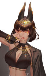 Rule 34 | 1girl, absurdres, animal ears, auroralivevr, bob cut, bracelet, braid, breasts, brown hair, cleavage, crop top, eruthu, fingernails, hand up, highres, jacket, jacket on shoulders, jewelry, large breasts, lipstick, looking at viewer, makeup, medium hair, nail polish, necklace, red lips, serafina (auroralivevr), simple background, smile, solo, upper body, virtual youtuber, white background, yellow eyes, yellow nails