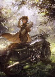 Rule 34 | 00s, 1girl, adjusting clothes, adjusting headwear, coat, fur hat, gloves, glowing, goggles, goggles on head, grass, hat, hermes (kino no tabi), highres, kino (kino no tabi), kino no tabi, leaf, lm7 (op-center), looking at viewer, motor vehicle, motorcycle, outdoors, plant, revision, saddle, short hair, solo, standing, sunlight, tree, vehicle, wind