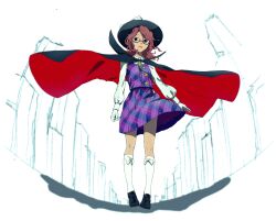 Rule 34 | 1girl, as scolipede, black cloak, black footwear, black hat, brown eyes, brown hair, buttons, cloak, commentary request, full body, glasses, gloves, hat, highres, loafers, looking at viewer, medium bangs, medium hair, plaid, plaid skirt, plaid vest, purple skirt, purple vest, quimbaya airplane, red cloak, shoes, skirt, skirt set, socks, solo, touhou, two-sided cloak, two-sided fabric, usami sumireko, vanishing point, vest, white background, white gloves, white socks