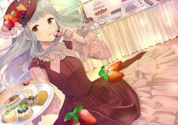 Rule 34 | 1girl, aqua hair, arms up, beret, blueberry, blush, buffet, cake, candy, chocolate, commentary request, cookie, cream puff, creme brulee, dessert, dress, dutch angle, food, food on head, fruit, fruit on head, gradient hair, hat, holding, holding cookie, holding food, holding plate, jewelry, layered dress, long hair, looking at viewer, macaron, multicolored hair, necklace, object on head, original, parfait, pearl necklace, pechi (peeechika), plate, raspberry, red hat, solo, strawberry, swiss roll, table, tiered tray, very long hair, yellow eyes