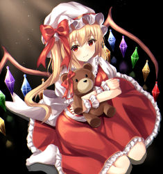 Rule 34 | 1girl, 7saki, absurdres, alternate hairstyle, bad id, bad pixiv id, black background, blonde hair, blush, commentary, flandre scarlet, from above, hair between eyes, hat, hat ribbon, highres, holding, holding stuffed toy, light beam, light particles, light smile, looking at viewer, mob cap, on floor, petticoat, puffy short sleeves, puffy sleeves, red eyes, red skirt, red vest, reflective floor, ribbon, shirt, short hair, short sleeves, simple background, sitting, skirt, socks, solo, stuffed animal, stuffed toy, teddy bear, touhou, vest, wariza, white hat, white shirt, white socks, wings, wrist cuffs