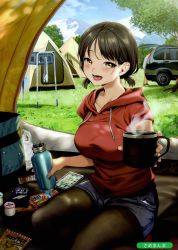 Rule 34 | 1girl, absurdres, bad id, bad twitter id, blush, breasts, brown eyes, brown hair, coffee mug, commentary request, cup, day, denim, denim shorts, flask, grass, highres, hood, hood down, hoodie, large breasts, looking at viewer, low twintails, mountainous horizon, mug, nature, non-web source, original, outdoors, outstretched hand, pantyhose, samemanma, scenery, seiza, short twintails, shorts, sitting, solo focus, steam, tent, twintails