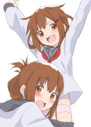 Rule 34 | 10s, 2girls, arms up, blush, brown eyes, brown hair, embarrassed, errant, fang, folded ponytail, hair ornament, hairclip, ikazuchi (kancolle), inazuma (kancolle), kantai collection, multiple girls, open mouth, panties, personification, pink panties, school uniform, serafuku, short hair, smile, underwear