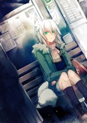 Rule 34 | 1girl, animal ears, bag, black socks, black sweater, blue shorts, boots, coat, crossed arms, dutch angle, fox ears, fox tail, green coat, green eyes, hair between eyes, highres, kneehighs, looking at viewer, night, numi (sin), open clothes, open coat, original, outdoors, scarf, short hair, short shorts, shorts, silver hair, sitting, socks, solo, striped clothes, striped socks, sweater, tail, vertical-striped clothes, vertical-striped socks