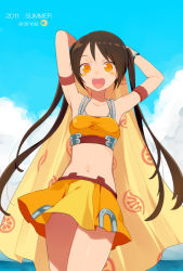 Rule 34 | 10s, 1girl, 2011, arancia, armpits, arms behind head, arms up, blush stickers, brown hair, cloud, day, harano, long hair, looking at viewer, midriff, miniskirt, navel, open mouth, orange eyes, orange skirt, original, skirt, sky, smile, solo, twintails