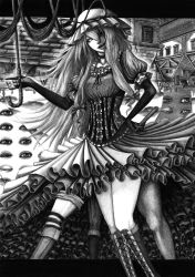 Rule 34 | 1girl, boots, corset, cross-laced footwear, dress, elbow gloves, female focus, frilled dress, frills, gathers, gloves, graphite (medium), greyscale, hand fan, hand on own hip, hane (azelye), highres, hip focus, lace-up boots, legs, letterboxed, monochrome, multiple legs, parasol, solo, spell card, too many, touhou, traditional media, umbrella, upside-down, yakumo yukari