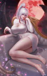 Rule 34 | 1girl, absurdres, bare legs, barefoot, blue eyes, braid, breasts, chair, cleavage, feet, fintowing, high ponytail, highres, large breasts, long hair, mabinogi, moon, night, player character (mabinogi), ponytail, red moon, see-through, silver hair, single braid, sweater