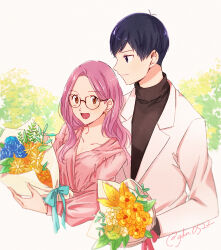Rule 34 | bouquet, couple, digimon, flower, glasses, highres, ichijouji ken, inoue miyako, long hair, orange eyes, pink hair