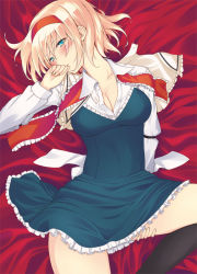 Rule 34 | 1girl, alice margatroid, black legwear, blonde hair, blue eyes, blush, breasts, capelet, cleavage, dress, female focus, hairband, large breasts, looking at viewer, lying, on back, short hair, solo, touhou, uro (urotanc)