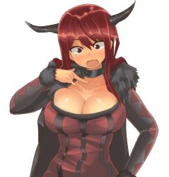 Rule 34 | 10s, 1girl, :o, bad id, bad pixiv id, breasts, choker, cleavage, collarbone, dyson (edaokunnsaikouya), dyson giga drain, fang, fur trim, hand on own hip, horns, large breasts, maou (maoyuu), maoyuu maou yuusha, open mouth, red eyes, red hair, simple background, solo, white background