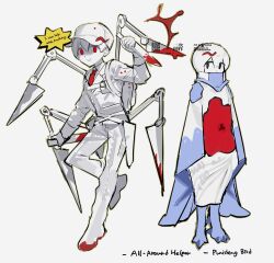 Rule 34 | 2others, all-around helper, black eyes, blood, closed mouth, coat, full body, hand up, highres, holding, holding knife, jacket, knife, lobotomy corporation, multiple others, niku 0000, pants, personification, project moon, punishing bird, red eyes, short hair, simple background, smile, white background, white coat, white hair, white jacket, white pants