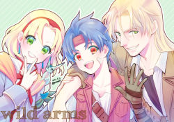 Rule 34 | 1girl, 3boys, blonde hair, blue hair, cecilia lynne adelhyde, coat, dated, earrings, gloves, green eyes, hairband, hanpan, headband, jack van burace, jewelry, looking at viewer, mitsuharu nene, multiple boys, open mouth, red hairband, red vest, rody roughnight, shirt, short hair, smile, v, vest, waving, wild arms, wild arms 1