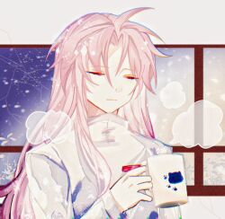 Rule 34 | 1boy, chinese commentary, chromatic aberration, closed eyes, closed mouth, commentary request, cup, film grain, hatsutori hajime, highres, holding, holding cup, jishi wu fen cha, long hair, long sleeves, male focus, mug, parted lips, pink hair, saibou shinkyoku, shirt, solo, steam, white shirt