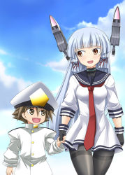 Rule 34 | 1boy, 1girl, admiral (kancolle), blue hair, blue sky, blunt bangs, breasts, brown eyes, brown hair, cloud, commentary request, day, dress, epaulettes, fingerless gloves, gloves, hair tie, hat, headgear, highres, holding hands, kantai collection, little boy admiral (kancolle), long hair, long sleeves, military, military hat, military uniform, murakumo (kancolle), necktie, oversized clothes, pantyhose, peaked cap, rappa (rappaya), sailor dress, sidelocks, sky, smile, uniform
