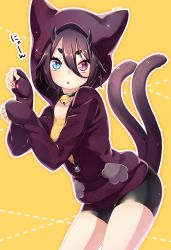 Rule 34 | 1girl, animal ears, animal hood, artist name, bad id, bad pixiv id, bell, bike shorts, black hair, blue eyes, cat ears, cat tail, character request, collar, cowboy shot, dotted line, hair between eyes, heterochromia, hood, hood up, hoodie, horns, jingle bell, leaning forward, multiple tails, neck bell, nekomata, nyan, parted lips, phantasy star, phantasy star online 2, red eyes, sakura chiyo (konachi000), short hair, signature, solo, sparkle, tail, teeth, thick eyebrows, thighs, triangle mouth