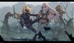 Rule 34 | 6+girls, absurdres, battle, bayonet, belt, belt pouch, black footwear, black jacket, black pants, blonde hair, blood, blood on clothes, blue eyes, boots, brown hair, commission, fighting, frown, gar32, gas mask, gloves, grey hair, gun, highres, holding, holding gun, holding weapon, jacket, letterboxed, long hair, mask, medium hair, military, military uniform, multiple girls, original, pants, pouch, rifle, signature, uniform, weapon, white gloves