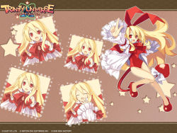 Rule 34 | 00s, 1girl, 2009, bat wings, blonde hair, blush, bow, brown background, copyright name, demon tail, disgaea, closed eyes, flonne, flonne (fallen angel), high heels, leotard, logo, long hair, multiple persona, nippon ichi, official art, official wallpaper, red eyes, red leotard, ribbon, shoes, swimsuit, tail, tail bow, tail ornament, tail ribbon, trinity universe, tsunako, wallpaper, wings