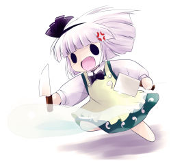 Rule 34 | 1girl, anger vein, angry, apron, cleaver, empty eyes, fang, female focus, full body, ghost, hairband, highres, knife, konpaku youmu, konpaku youmu (ghost), open mouth, running, short hair, silver hair, solo, touhou, white background, yume shokunin