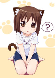 Rule 34 | 1girl, ?, animal ears, bad id, bad pixiv id, barefoot, brown eyes, brown hair, cat ears, cat tail, child, collarbone, feet, mika-shi, original, paw print, short hair, sitting, solo, tail, v arms
